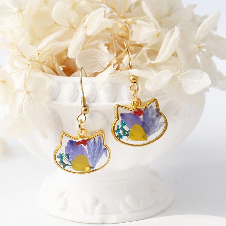 Wholesale New cat head flower earrings color real flower glue French earrings eternal flower jewelry cute gift